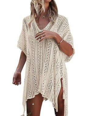 〽️Women Beige Crochet Cover up Summer Swimsuit Bikini Swimwear Beach